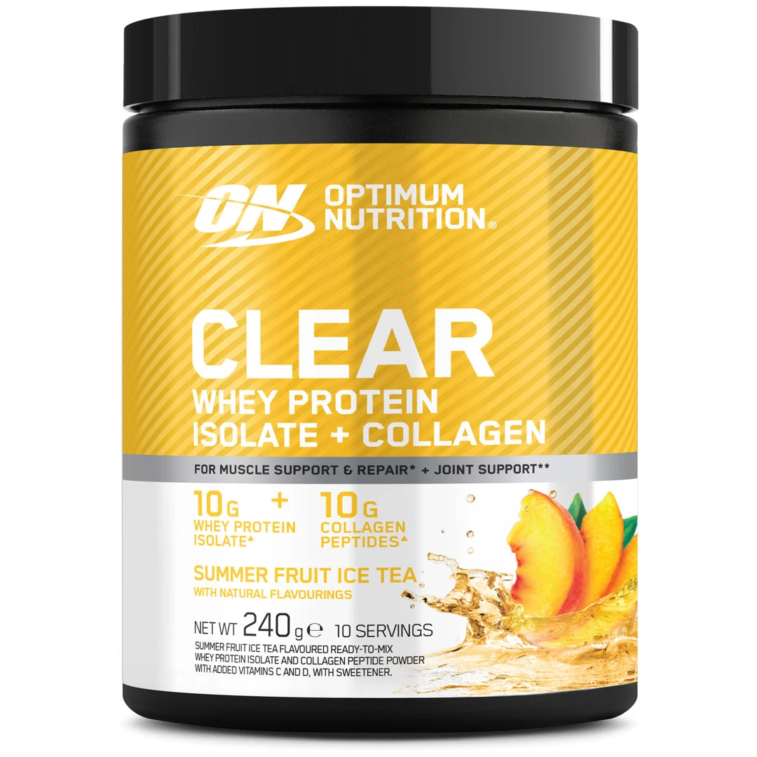 Optimum Nutrition Clear Whey + Collagen 240 g proteinpulver i en svart og gul boks med smaken Summer Fruit Ice Tea., bilde 2 av 2