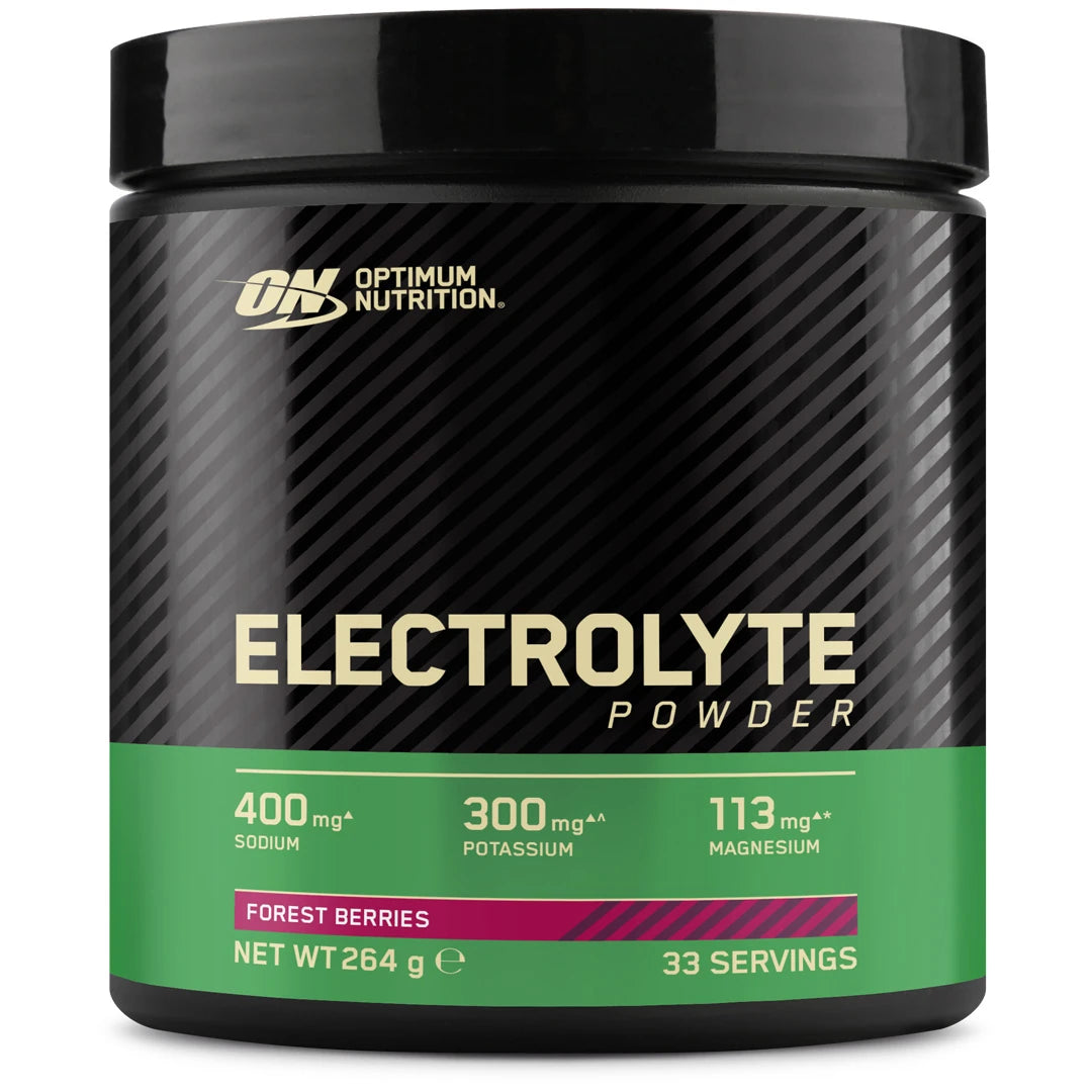 Optimum Nutrition Electrolyte Powder 264 g i en svart boks med grønne detaljer for smaken Forest Berries., bilde 2 av 2
