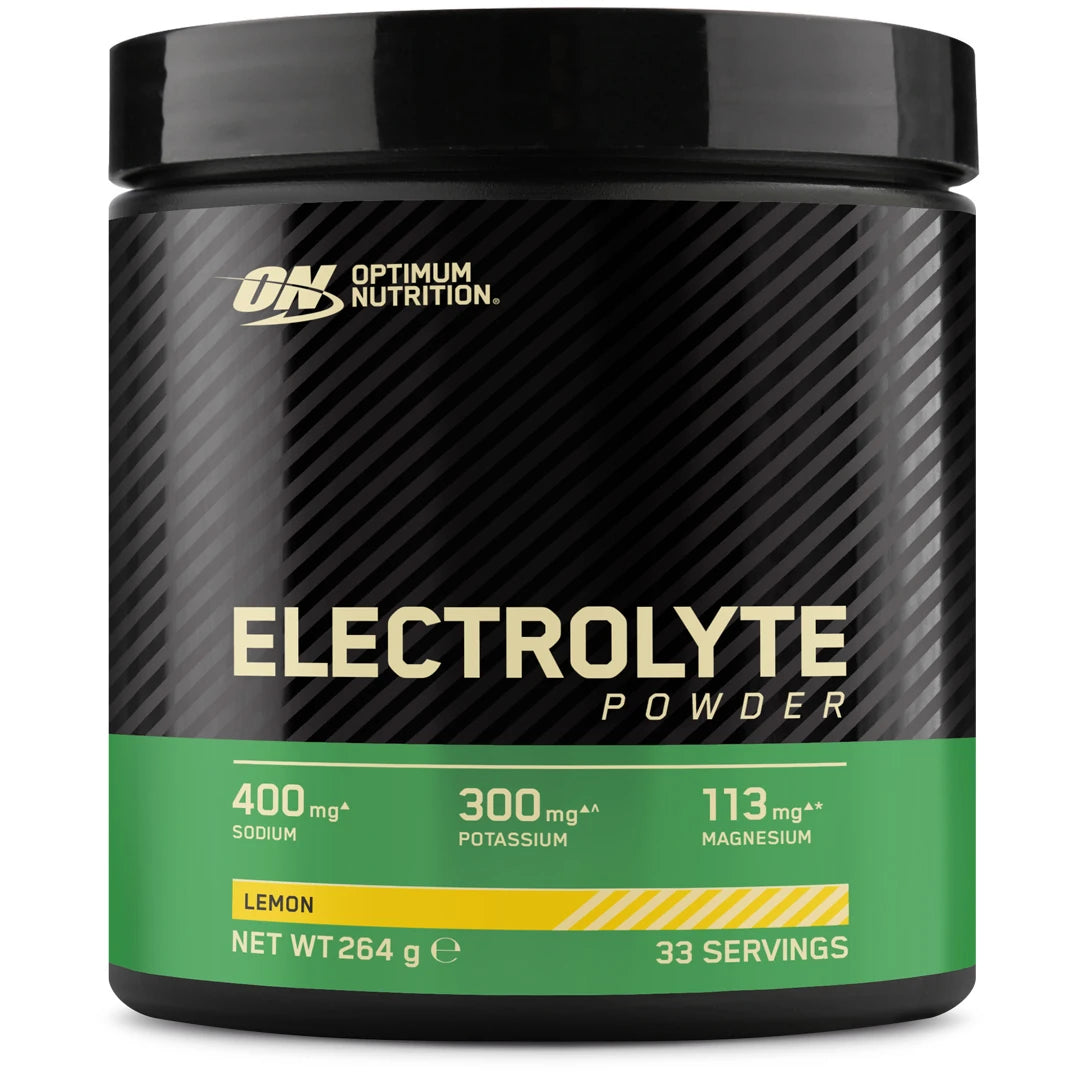 Optimum Nutrition Electrolyte Powder 264 g i en svart boks med grønne detaljer og smaken Lemon.