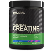 Optimum Nutrition Creatine Powder 360 g, en svart burk med gröna detaljer i smaken Blue Raspberry.