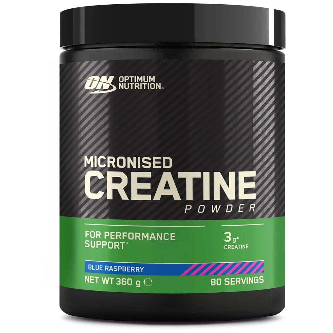 Optimum Nutrition Creatine Powder 360 g, en svart boks med grønne detaljer i smaken Blue Raspberry.