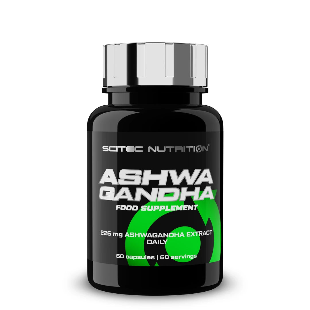 Scitec Nutrition Ashwagandha 60 caps i en svart boks med grønne detaljer og et sølvfarget lokk.