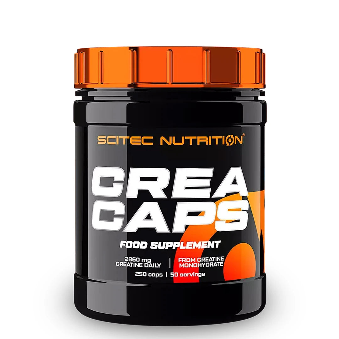 Scitec Nutrition Crea Caps Kreatin 250 caps i en svart plastboks med metallisk oransje lokk.