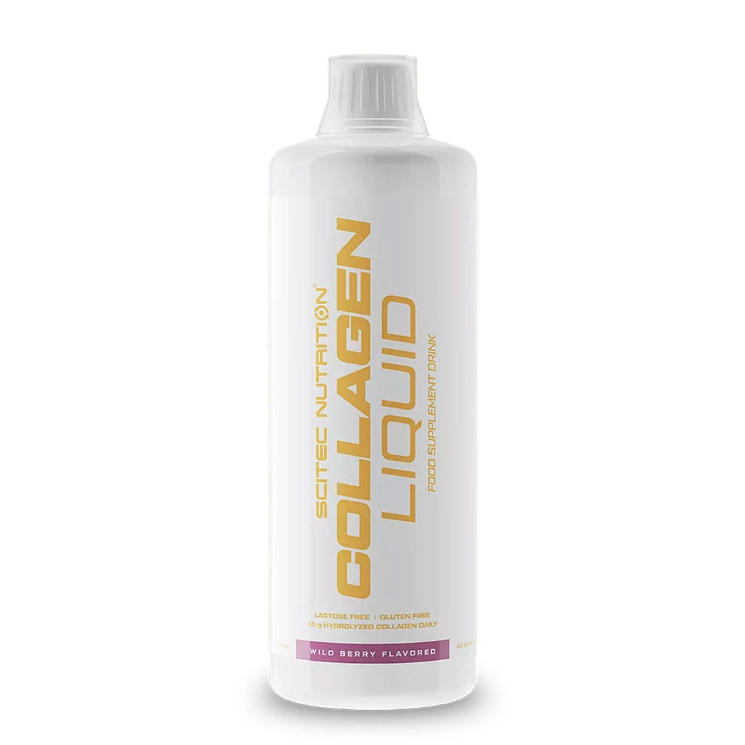 Scitec Nutrition Collagen Liquid 1000 ml, flytende kollagen i en hvit plastflaske med gulltekst og smaken Wild Berry.