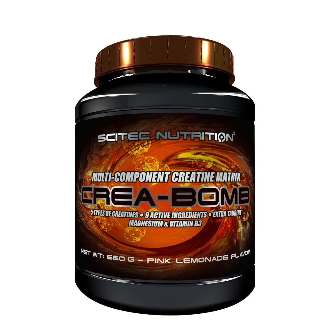 Scitec Nutrition Crea-Bomb 660 g kreatinblanding i en svart boks med bronsefarget lokk og smak av Pink Lemonade.