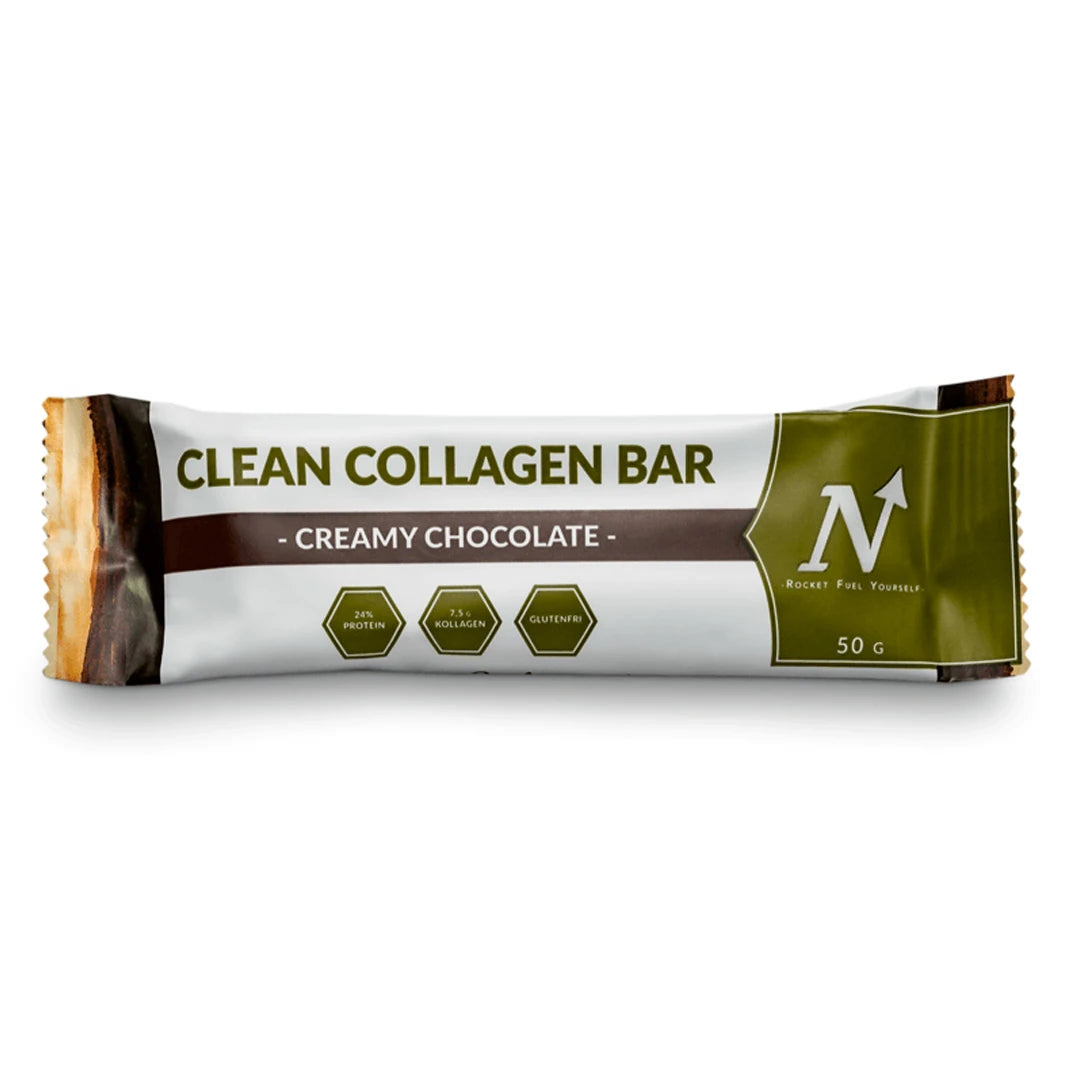 Nyttoteket Clean Collagen Bar 50 g i en hvit og grønn forpakning for smaken Creamy Chocolate.