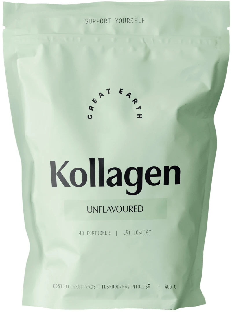 Great Earth Kollagen 400 g kollagenpulver med naturell smak, pakket i en lysegrønn pose.