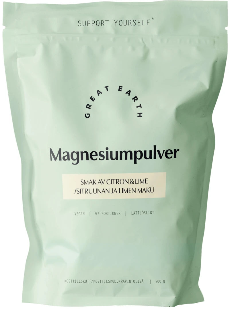 Great Earth Magnesiumpulver 200 g i en lysegrønn pose med smak av sitron og lime.