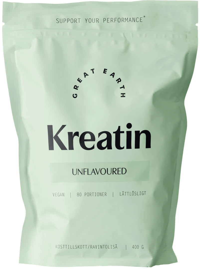 Great Earth Kreatin 400 g pulver i en lysegrønn pose med naturell smak.