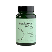 Great Earth Betakaroten 60 caps, ett veganskt kosttillskott i en mörkgrön burk med ljusgrön etikett och svart lock.