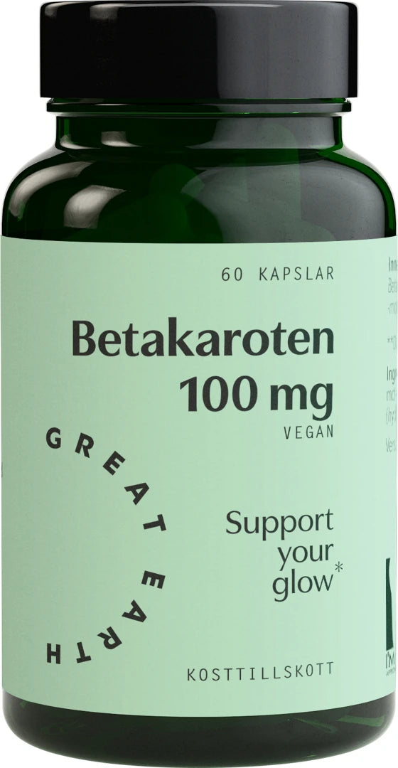 Great Earth Betakaroten 60 caps, et vegansk kosttilskudd i en mørkegrønn boks med lysegrønn etikett og svart lokk.