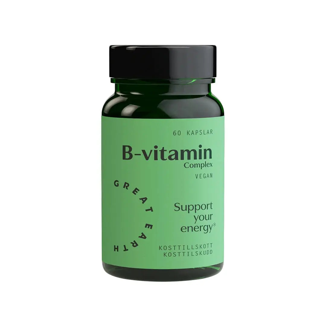 Great Earth B-vitamin Complex 60 caps, veganske vitaminer i en mørkegrønn boks med lysegrønn etikett.