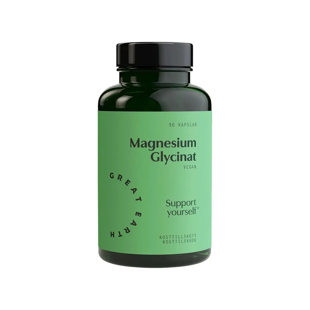 Great Earth Magnesiumglycinat 90 caps i en mørkegrønn boks med lysegrønn etikett og svart tekst.