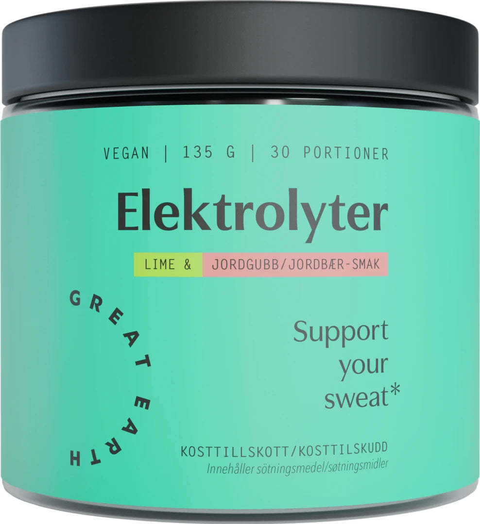 Great Earth Elektrolyter 135 g elektrolyttpulver i en turkis boks med svart lokk og smaken jordbær lime.