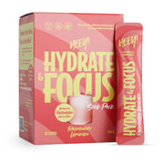 Heey! Hydrate & Focus Electrolytes + Lions Mane 30 x Stick Pack Raspberry Lemonade i en rosa kartong.