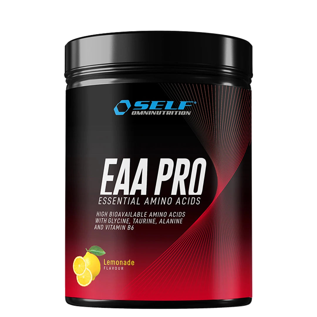 Self Omninutrition EAA PRO 400 g aminosyrepulver i en svart boks med røde detaljer og Lemonade-smak.