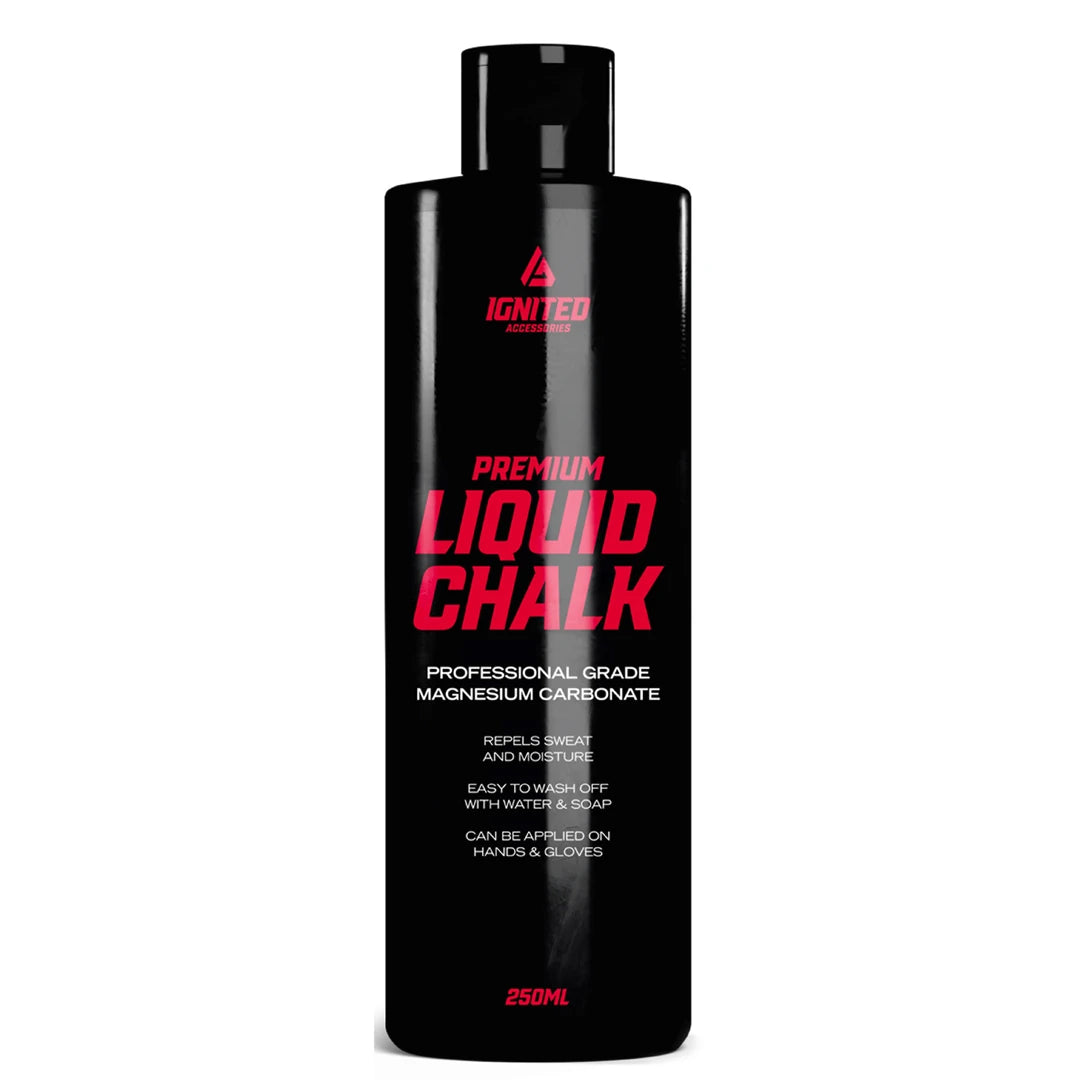 Ignited Liquid Chalk 250 ml flytende kalk i en svart flaske med rød tekst, for bedre grep ved trening., bilde 1 av 1