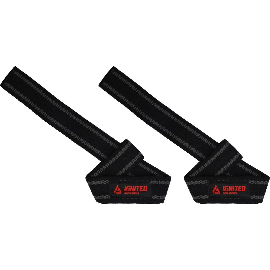 Ignited Premium Padded Lifting Straps Black/Grey i svart canvas med grå detaljer og rød logo for et sikrere grep.