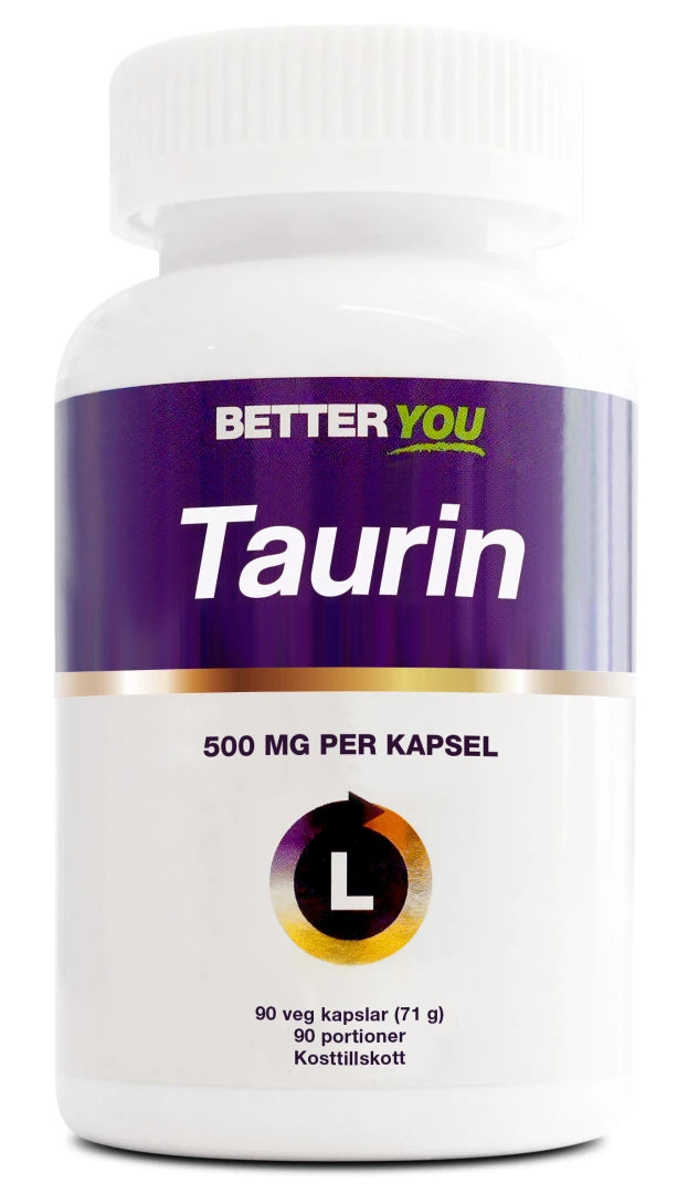 Better You Taurin 90 caps vegansk kosttilskudd i en hvit boks med lilla etikett.