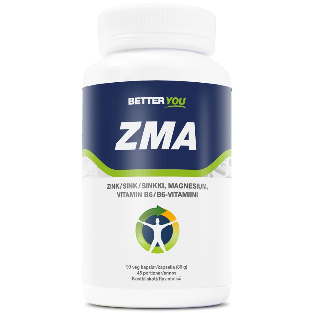 Better You ZMA 90 caps kosttilskudd pakket i en hvit boks med mørkeblå og grønne detaljer.
