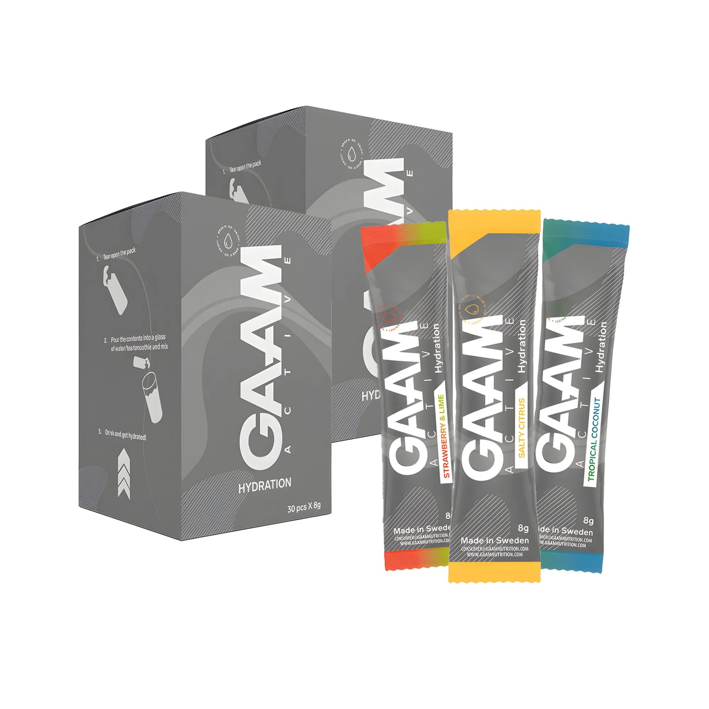 60 x GAAM Active Hydration 8 g elektrolytter i to grå esker med tre porsjonsposer i ulike smaker foran., bilde 1 av 1