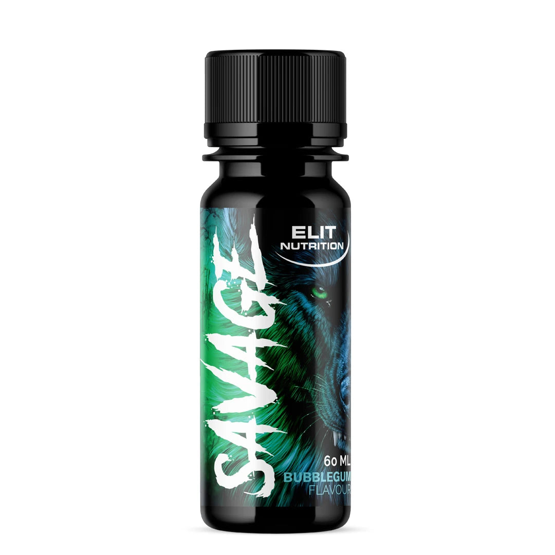 Elit Nutrition Savage PWO Shot 60 ml i en svart flaske med grønn ulvegrafikk og tekst for smaken Bubblegum.