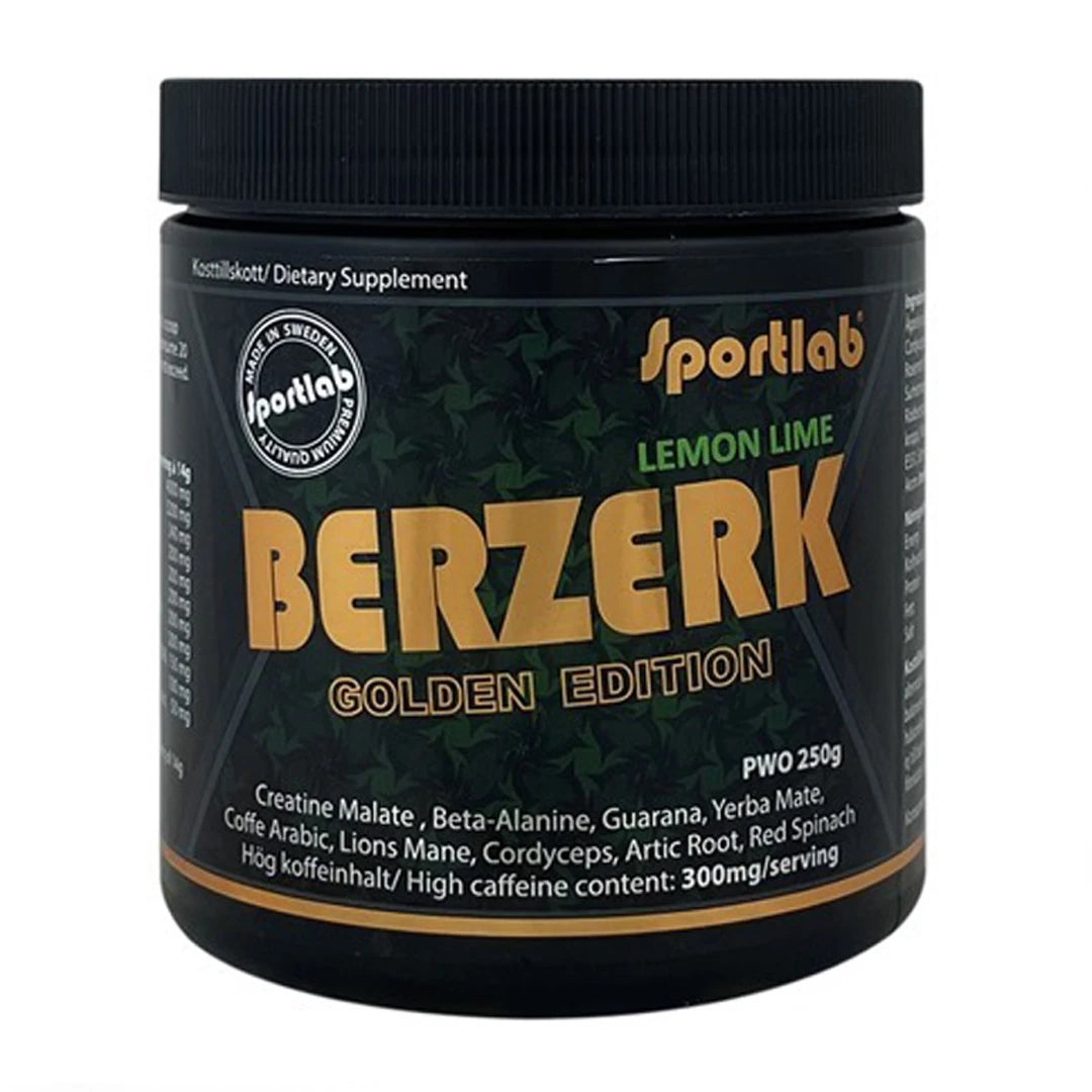 Sportlab BERZERK Golden Edition PWO 250 g i en svart boks med gulldetaljer og tekst for smaken Lemon Lime.