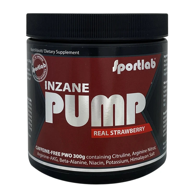Sportlab Inzane PUMP 300 g koffeinfri PWO i pulverform, svart boks med mørkerød etikett og smak av Real Strawberry.