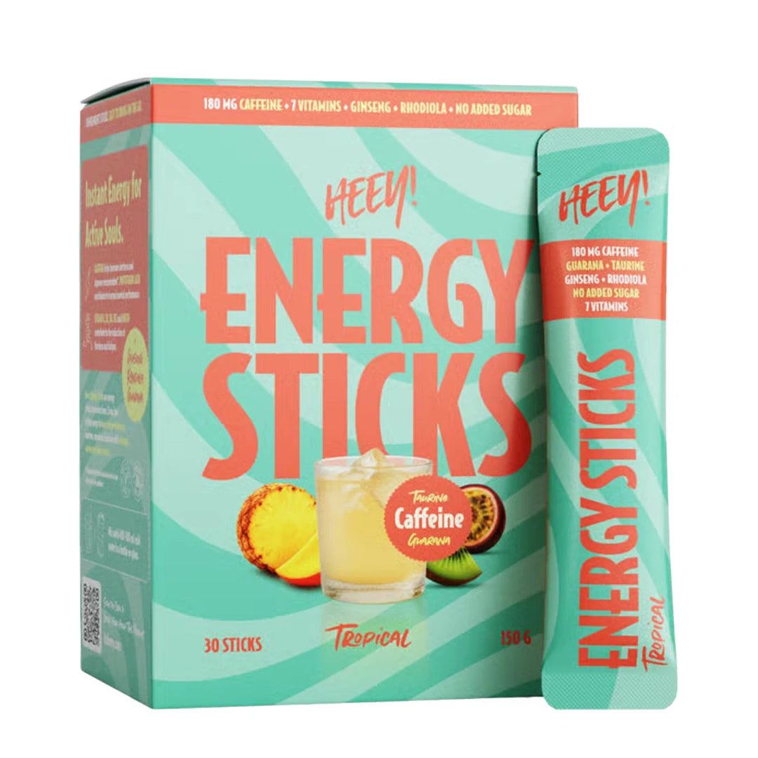 Heey! Energy Sticks Koffein + Guarana i en turkis eske og porsjonsstick med smaken Tropical.