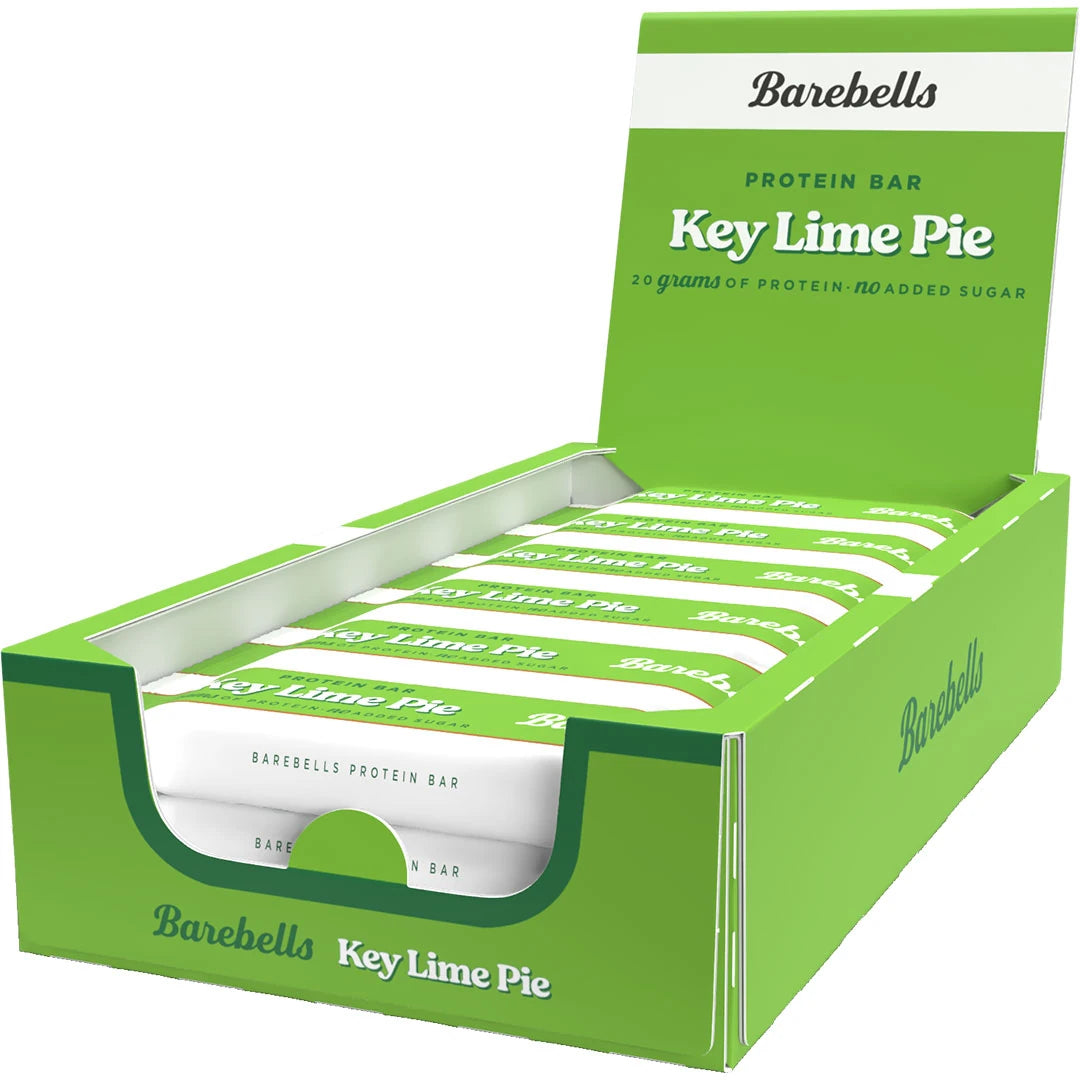 12 x Barebells Protein Bar 55 g Key Lime Pie i en grønn eske med hvite detaljer og matchende proteinbarer.