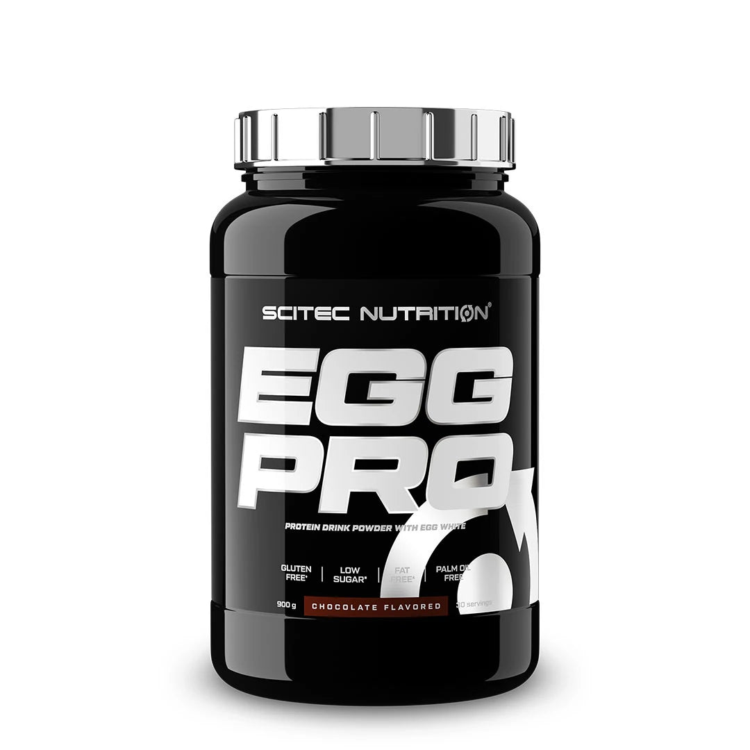 Scitec Nutrition Egg Pro 900 g eggprotein i en svart boks med sølvlokk og sjokoladesmak.