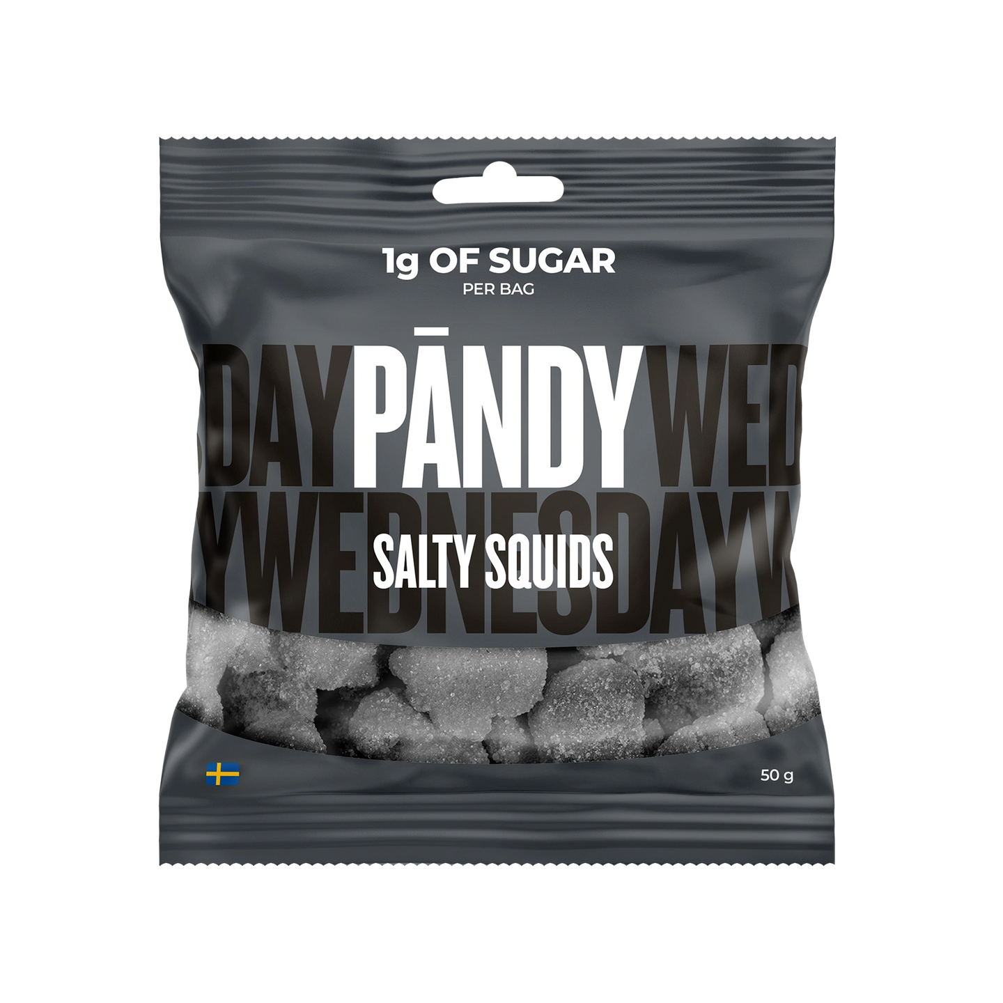 Pändy Candy 50 g Salty Squids i en mørkegrå godtepose som viser de sukrede saltlakrisbitene., bilde 1 av 1
