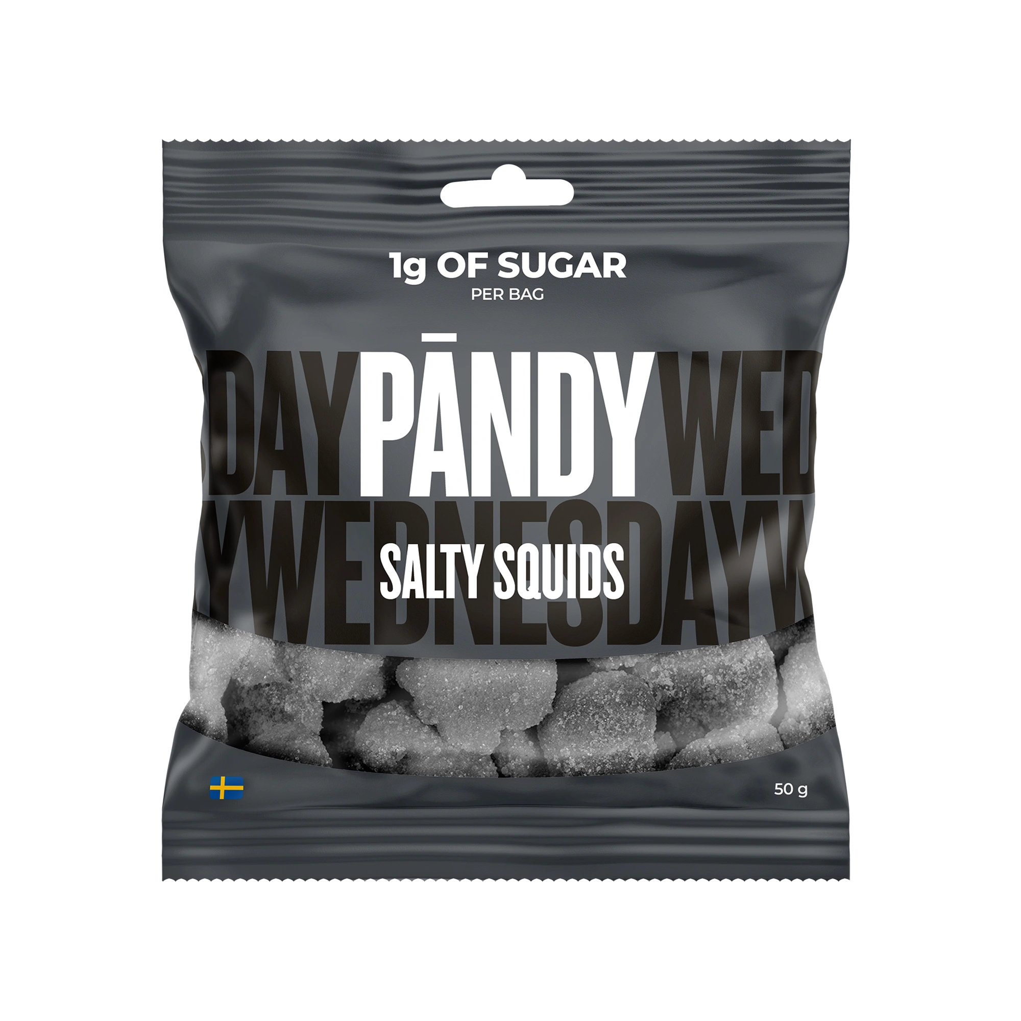 Pändy Candy 50 g Salty Squids i en mørkegrå godtepose som viser de sukrede saltlakrisbitene., bilde 1 av 1