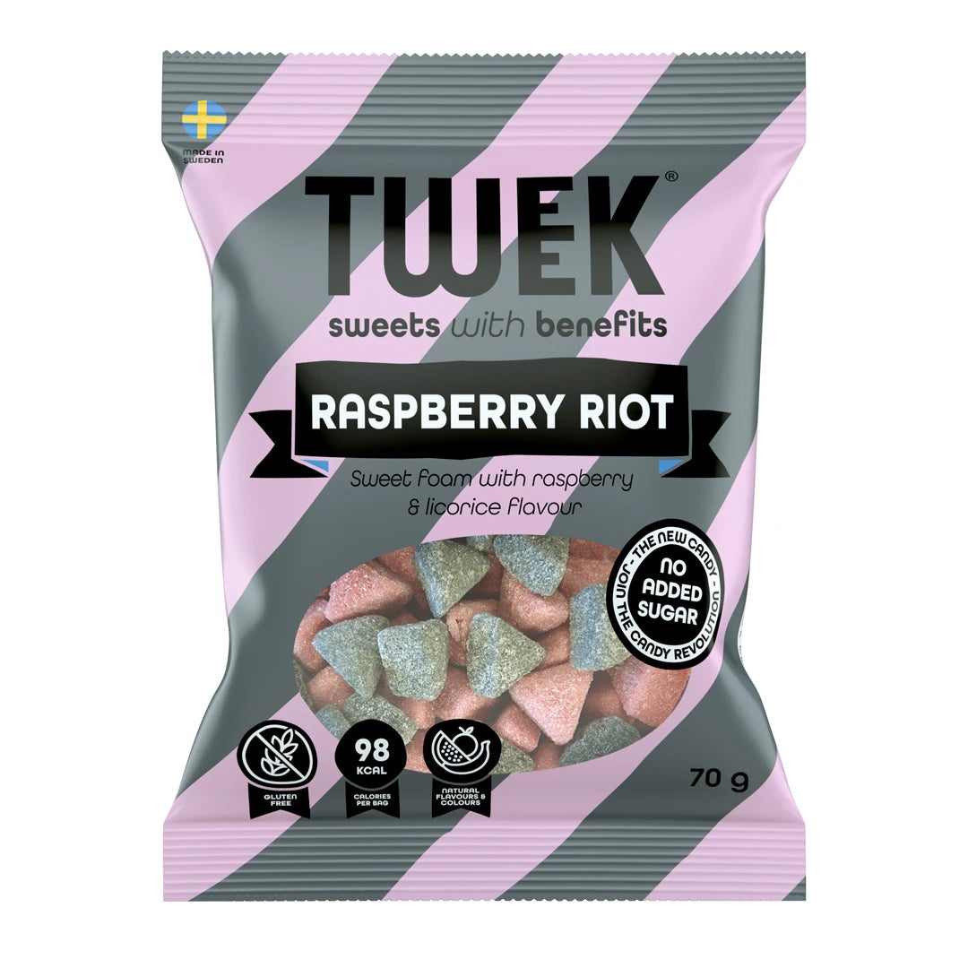 Tweek Sweets 70 g skumgodteri i en rosa og grå stripete pose for smaken Raspberry Riot.