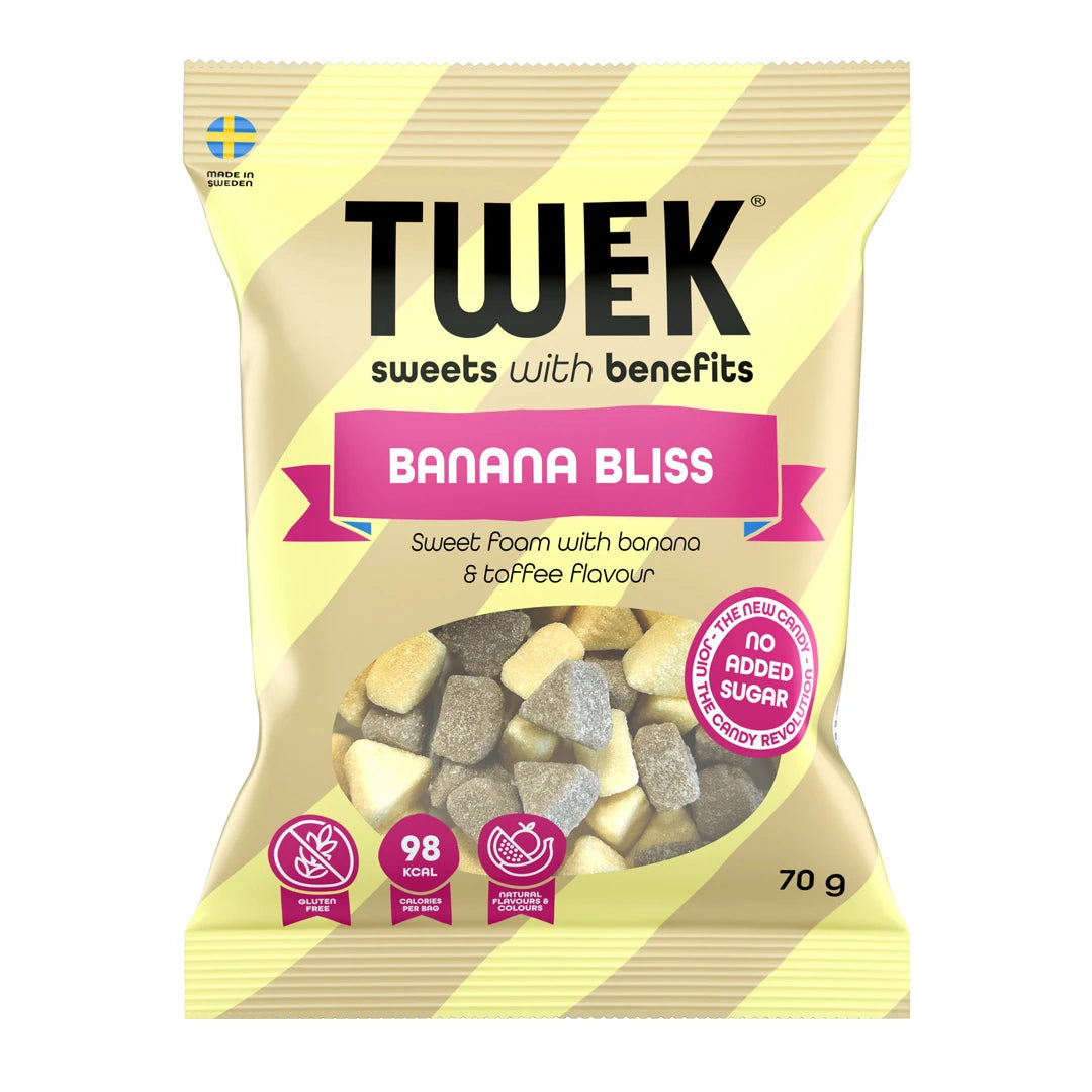 Tweek Sweets 70 g skumgodteri i en lysegul og beige stripete pose for smaken Banana Bliss., bilde 4 av 5