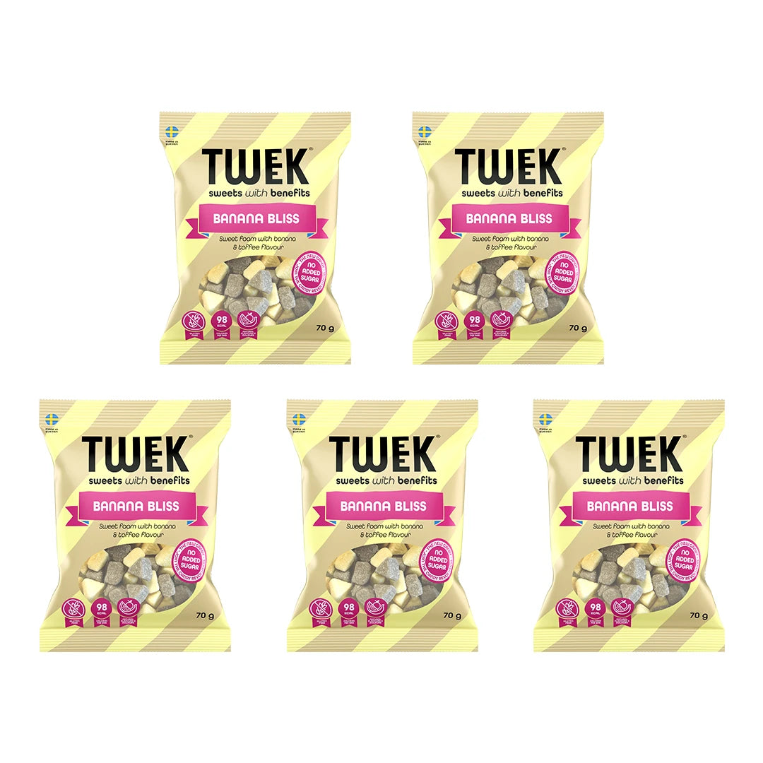 5 x Tweek Sweets 70 g Banana Bliss i gulstripete godteposer med rosa detaljer.