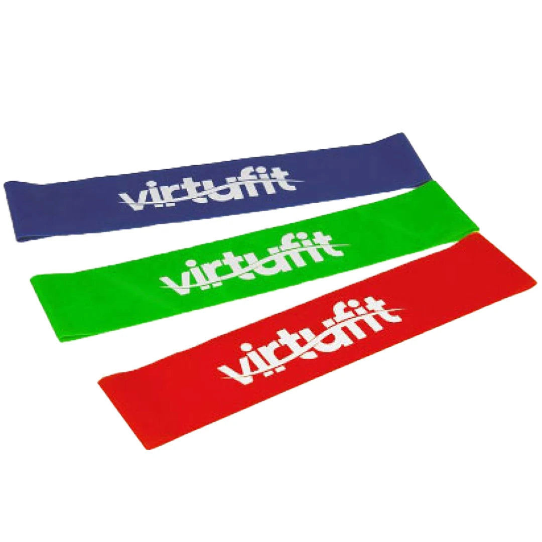 Virtufit Mini Resistance Bands Elastic Set - 3 Strengths i fargene blå, grønn og rød for allsidig helkroppstrening.