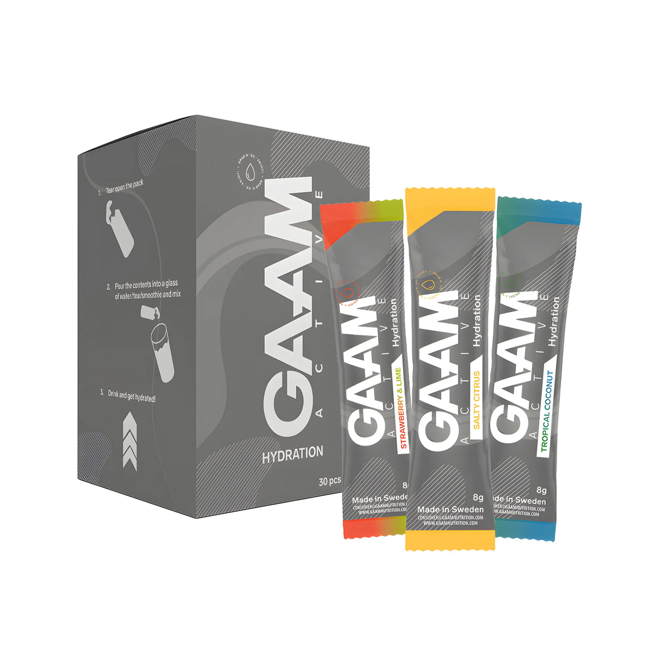 30 x GAAM Active Hydration 8 g Elektrolytter miksboks bestående av en grå eske og tre porsjonsposer i ulike farger.