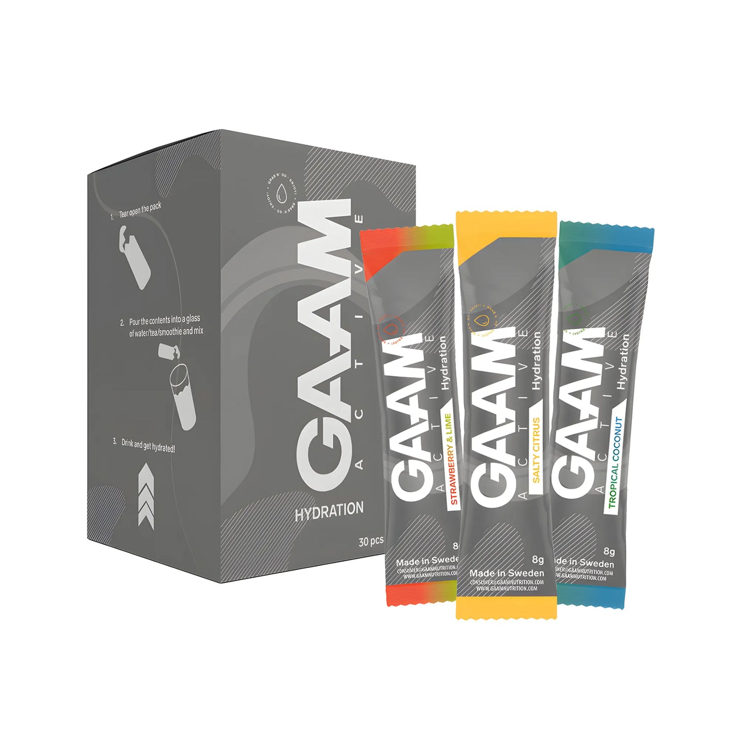 30 x GAAM Active Hydration 8 g Elektrolytter miksboks bestående av en grå eske og tre porsjonsposer i ulike farger., bilde 1 av 1