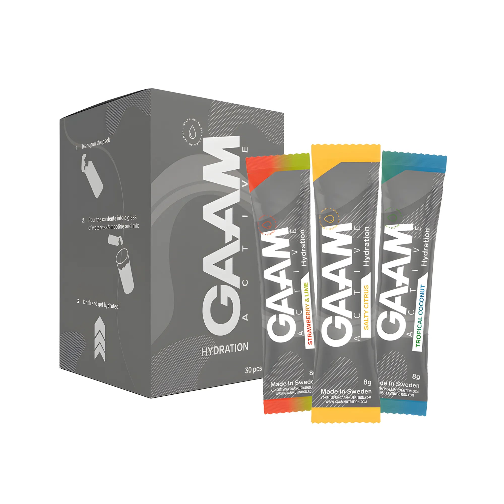 30 x GAAM Active Hydration 8 g Elektrolytter miksboks bestående av en grå eske og tre porsjonsposer i ulike farger., bilde 1 av 1
