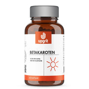 Upgrit Betakaroten 50 mg 60 caps förpackad i en brun burk med grått lock och vit etikett med orange detaljer.