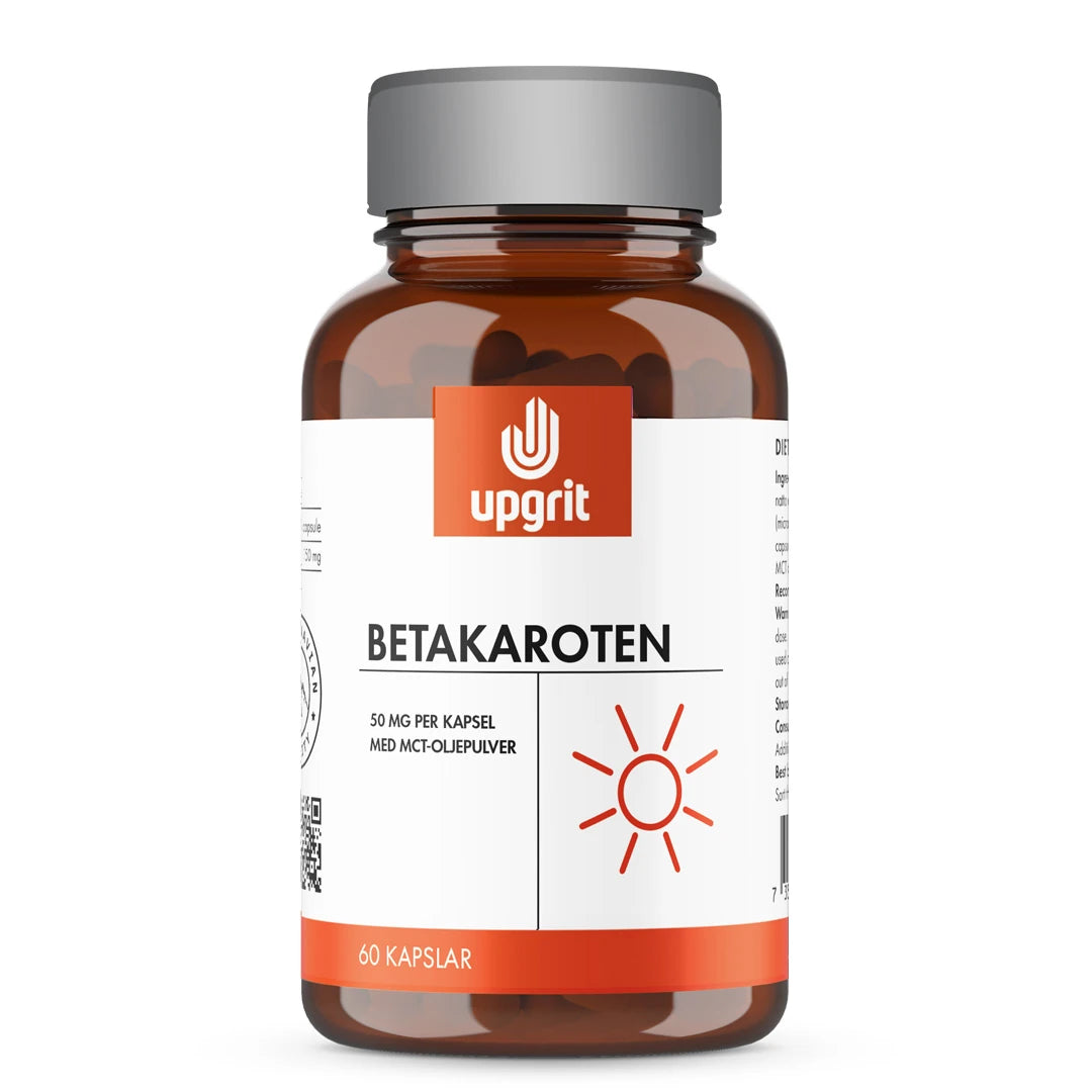Upgrit Betakaroten 50 mg 60 caps pakket i en brun boks med grått lokk og hvit etikett med oransje detaljer.