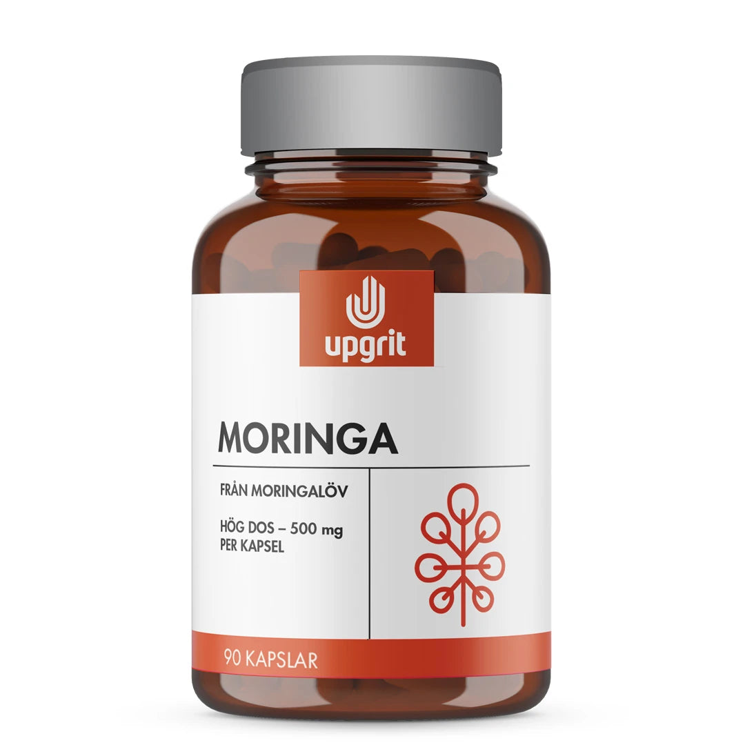 Upgrit Moringa 90 caps i en brun glasskrukke med hvit og oransje etikett og grått lokk.