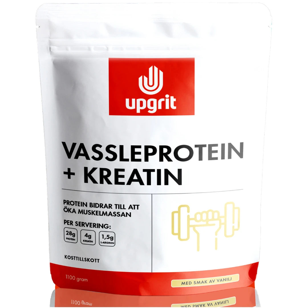 Upgrit Vassleprotein + Kreatin 1,1 kg proteinpulver i en hvit pose med rød logo i smaken vanilje.