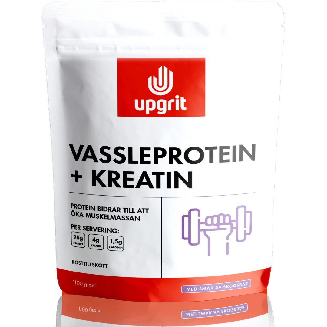Upgrit Vassleprotein + Kreatin 1,1 kg proteinpulver i en hvit pose med røde detaljer for smaken Skogsbær.