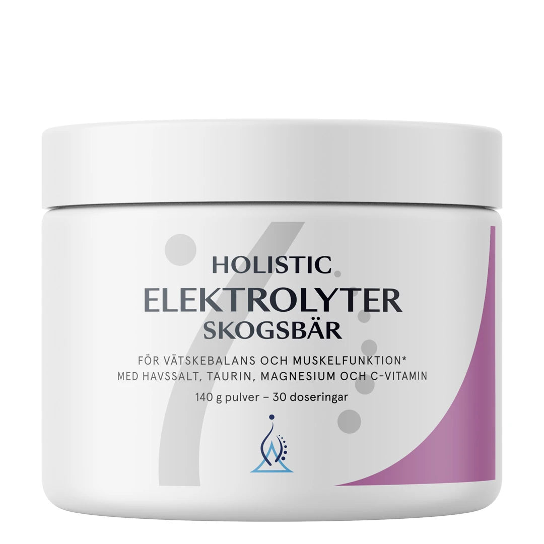 Holistic Elektrolyter 140 g elektrolyttpulver i en hvit boks med lilla detaljer og smak av skogsbær.