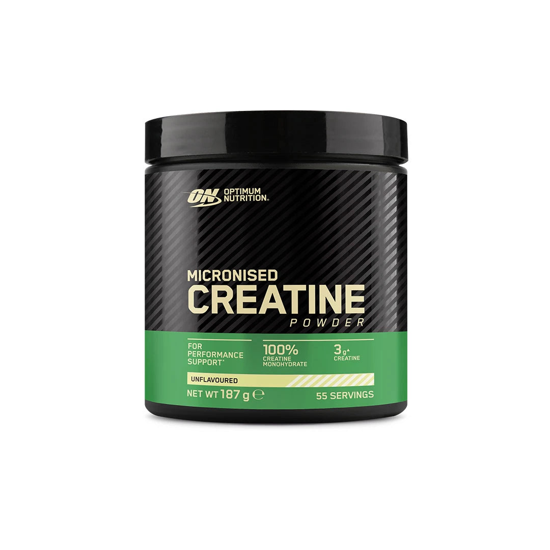 Optimum Nutrition Creatine Powder 187 g i en svart boks med grønn etikett, fylt med rent, naturell kreatinmonohydrat.