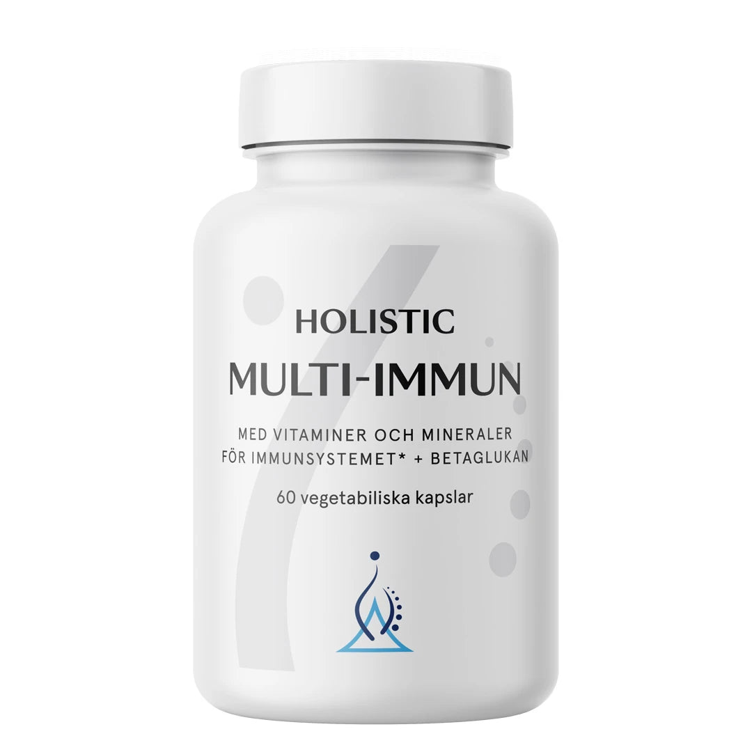 Holistic Multi-Immun 60 caps, et kosttilskudd for immunsystemet i en hvit boks med grå detaljer.