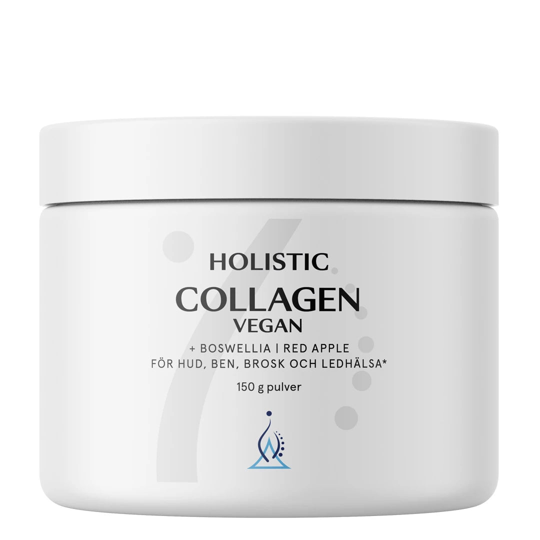 Holistic Collagen Vegan 150 g er et vegansk kollagentilskudd i en hvit boks for hud, ben og ledd.