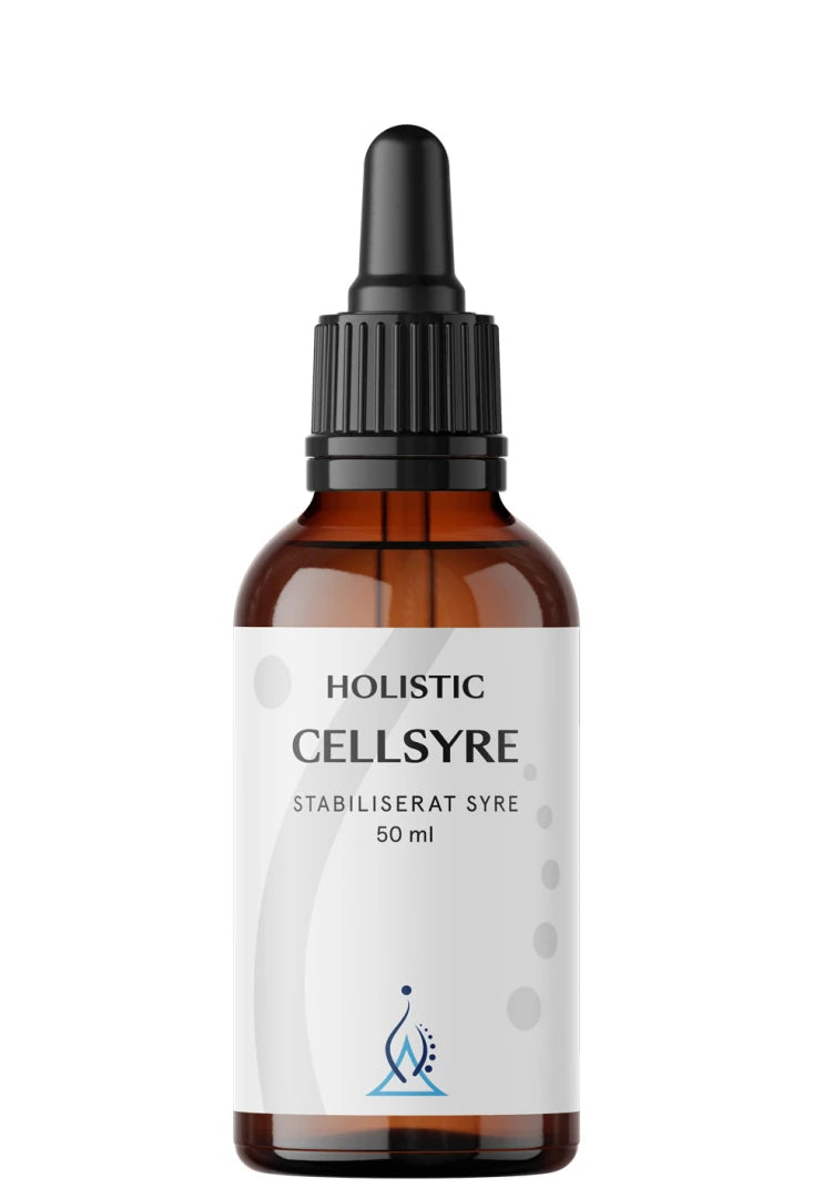 Holistic Cellsyre 50 ml flytende kosttilskudd i en brun glassflaske med svart pipett og hvit etikett.